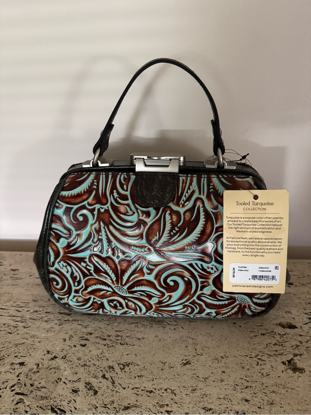 Patricia Nash Gracchi Turquoise Tooled Leather Frame Satchel. MSRP $279 - Picture 5 of 13